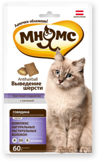 Мнямс Выведение шерсти Хрустящие подушечки для кошек говядина 60г