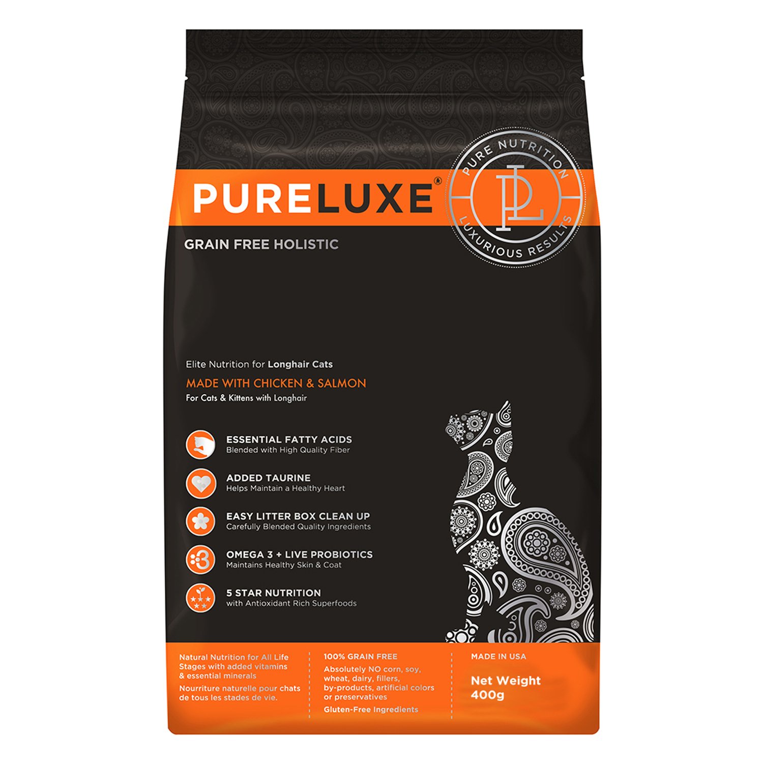 PureLuxe Cat GF longhair Корм для длинношерстных кошек курица,лосось 400г